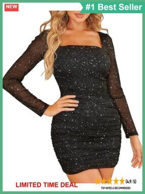 Mesh Sequin Bodycon Mini Dress Long Sleeve Party Prom